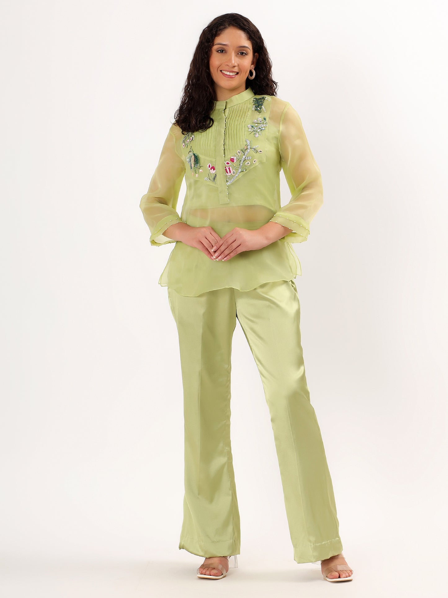 Pistachio Green Embroidered Top And Pant Set