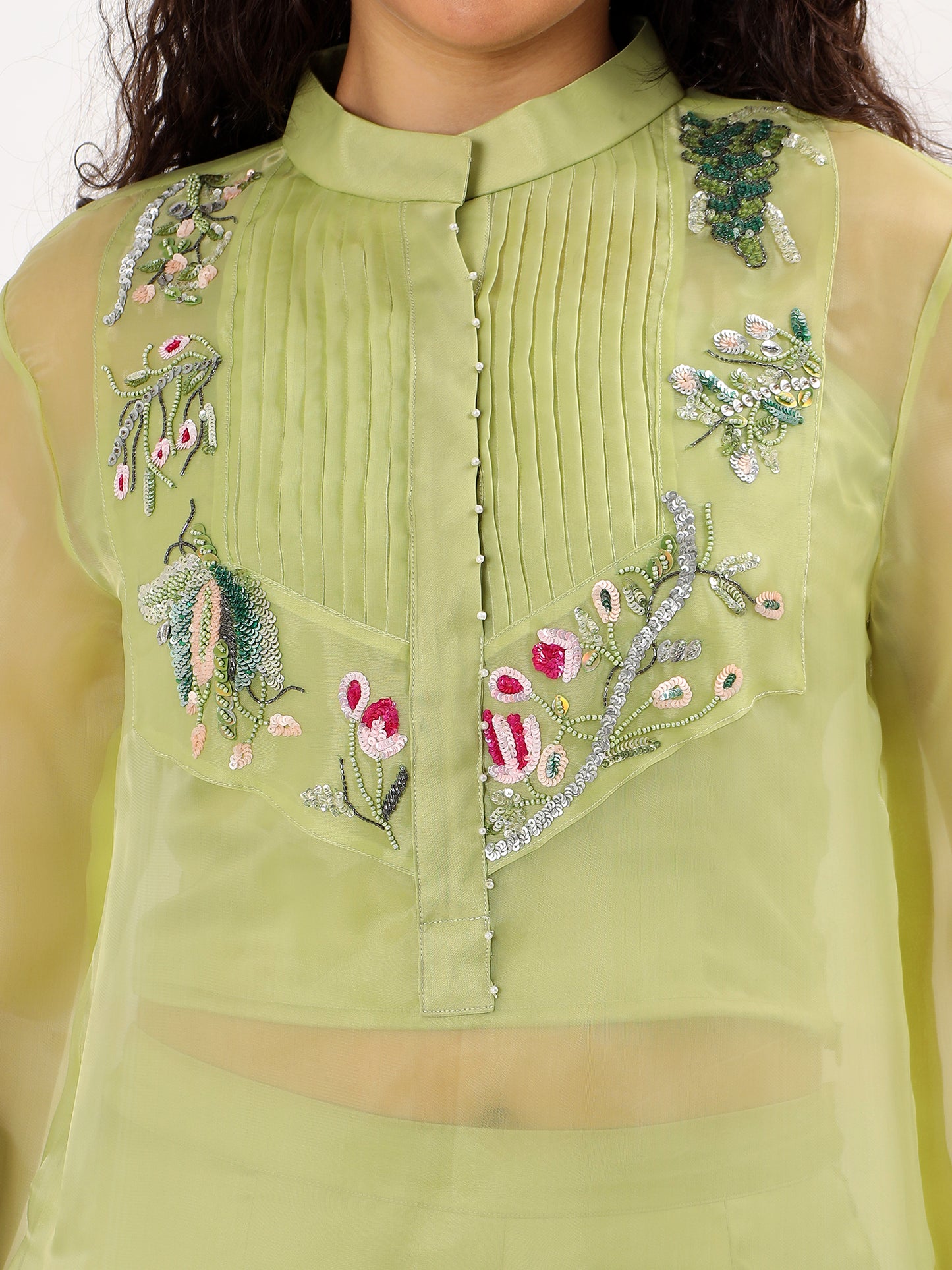 Pistachio Green Embroidered Top And Pant Set