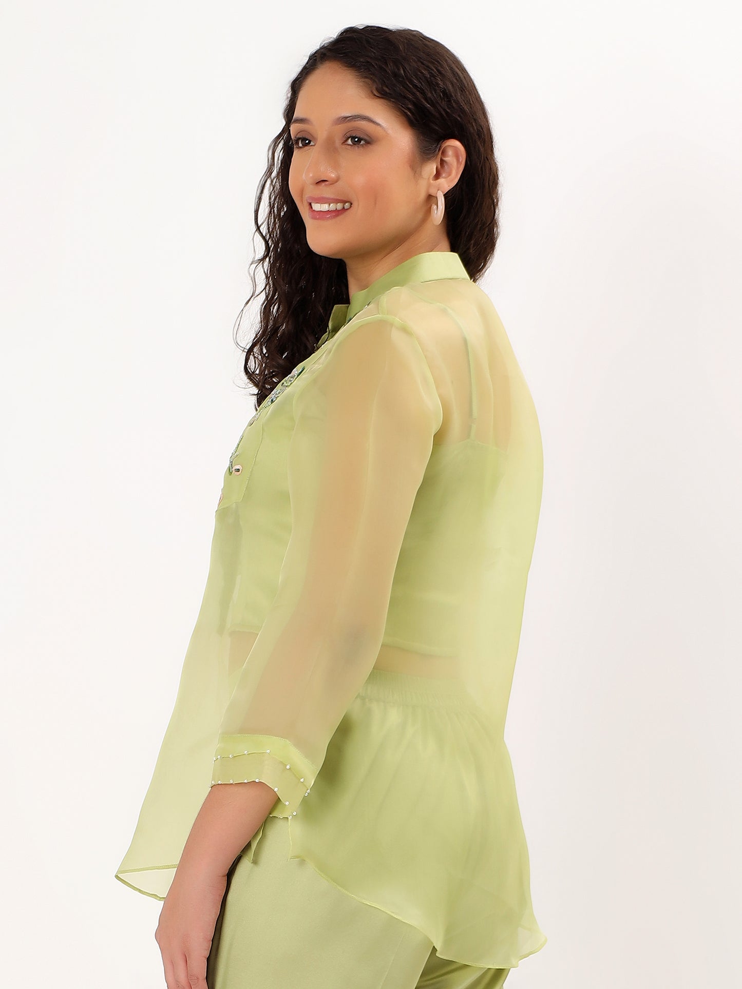 Pistachio Green Embroidered Top And Pant Set
