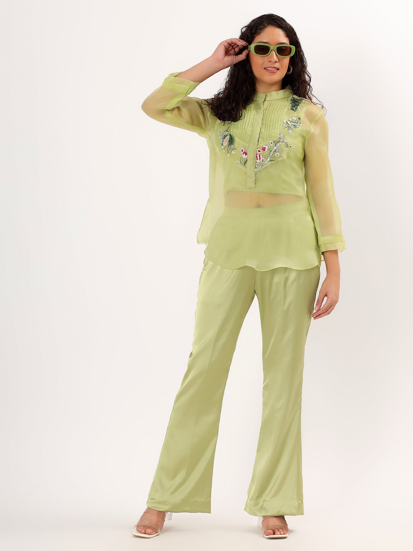 Pistachio Green Embroidered Top And Pant Set