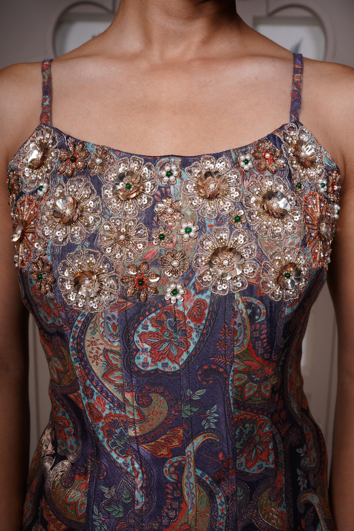 Embellished Paisley Brocade Corset Top with Bell-Bottom Pants Set