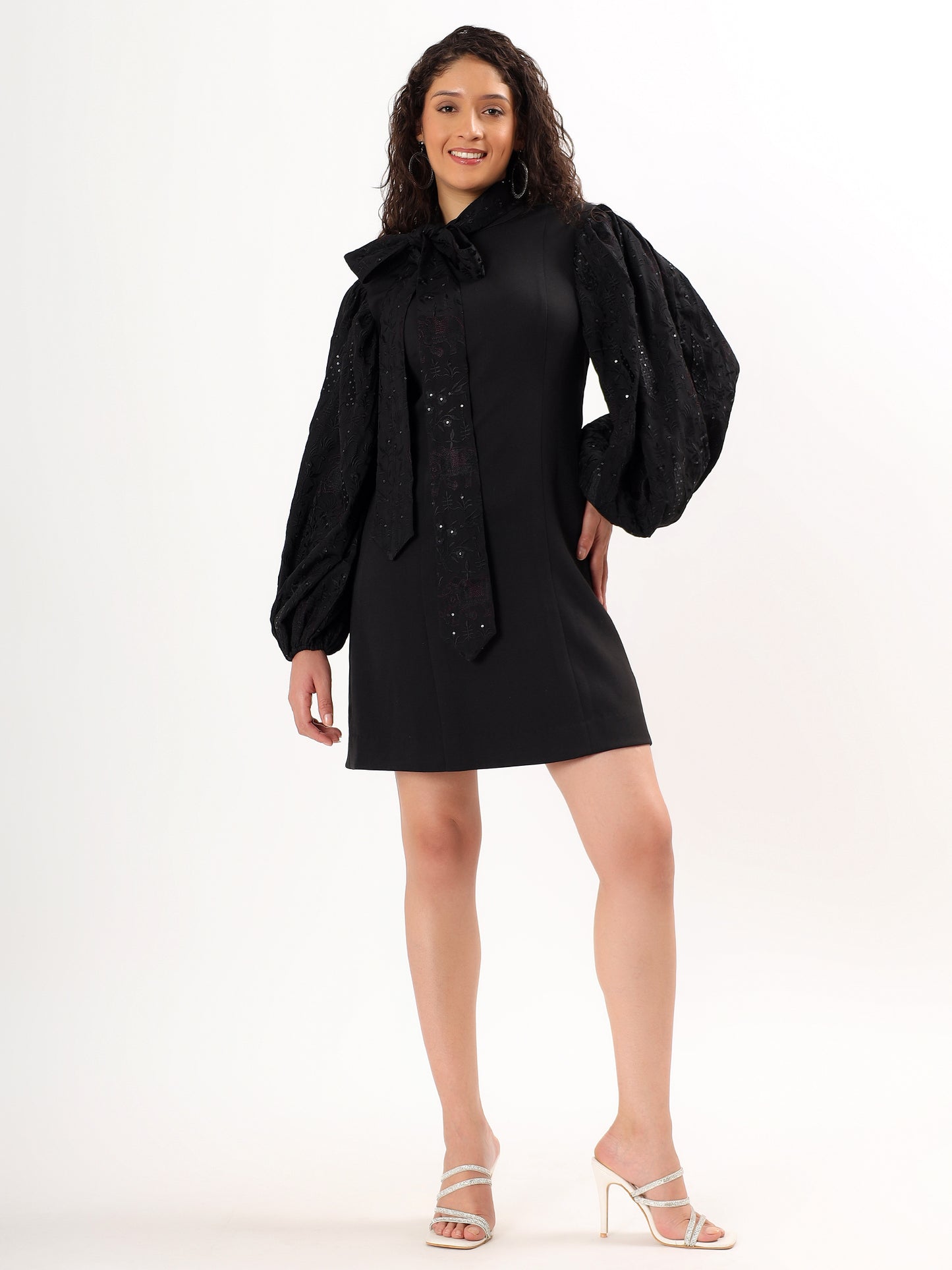 Black Embroidered Crepe Shift Dress
