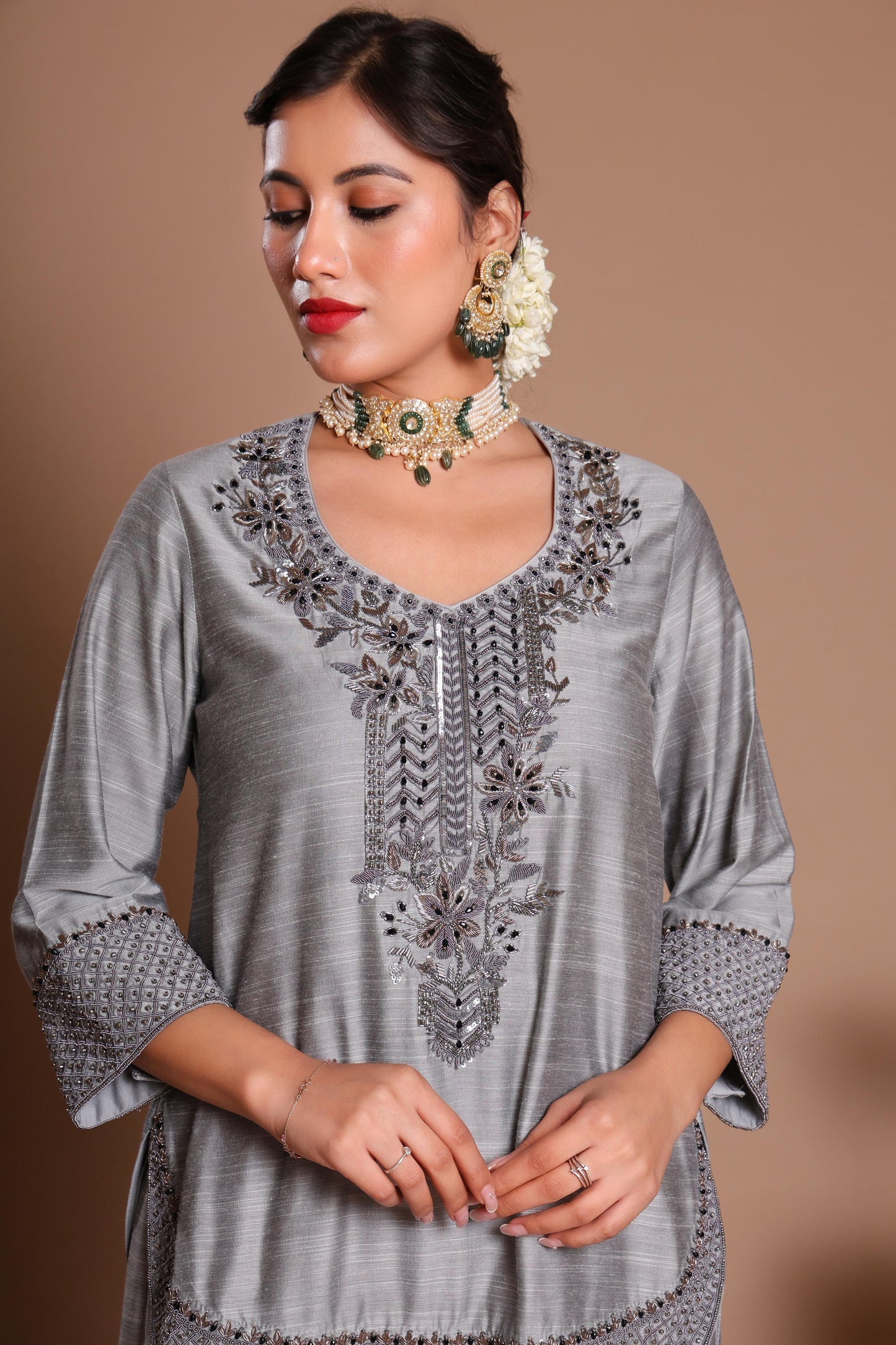 GREY EMBROIDERED SHARARA SET