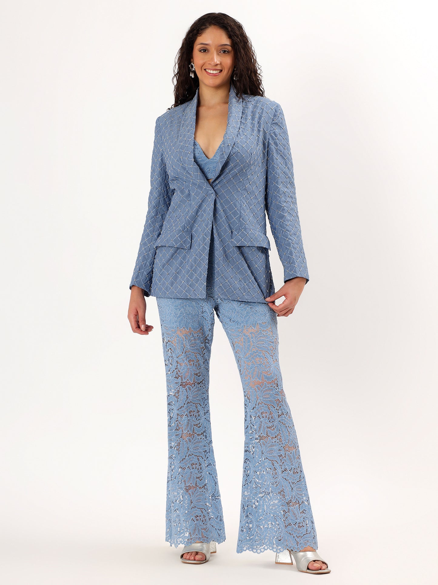Sky Blue Lace Blazer Set