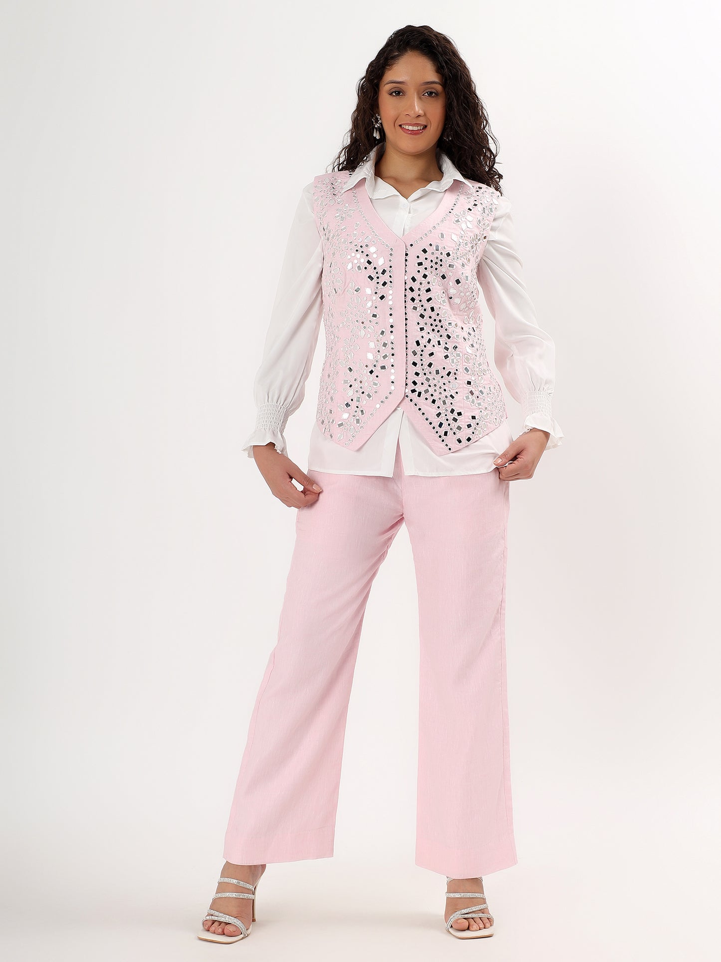 Blush Mirror-Work Pure Linen Waistcoat Set