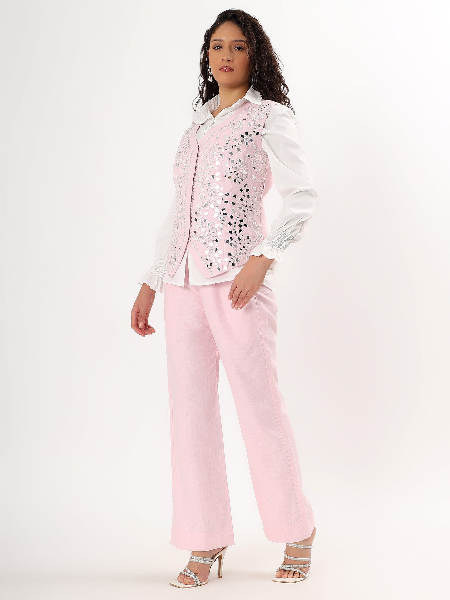 Blush Mirror-Work Pure Linen Waistcoat Set