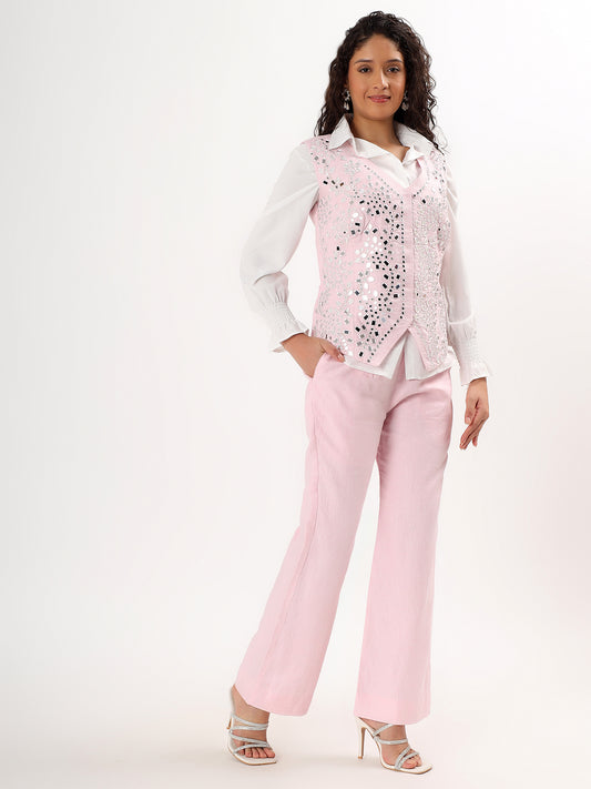 Blush Mirror-Work Pure Linen Waistcoat Set