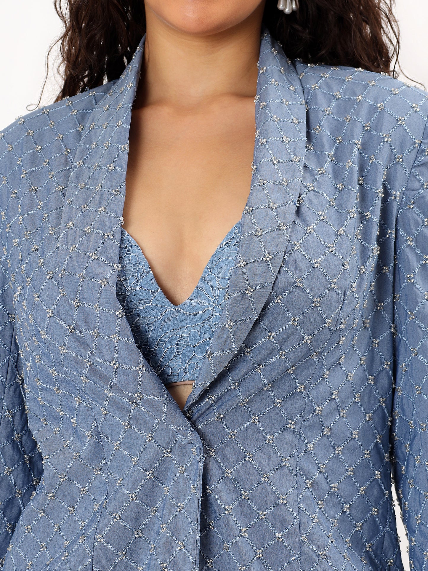 Sky Blue Lace Blazer Set