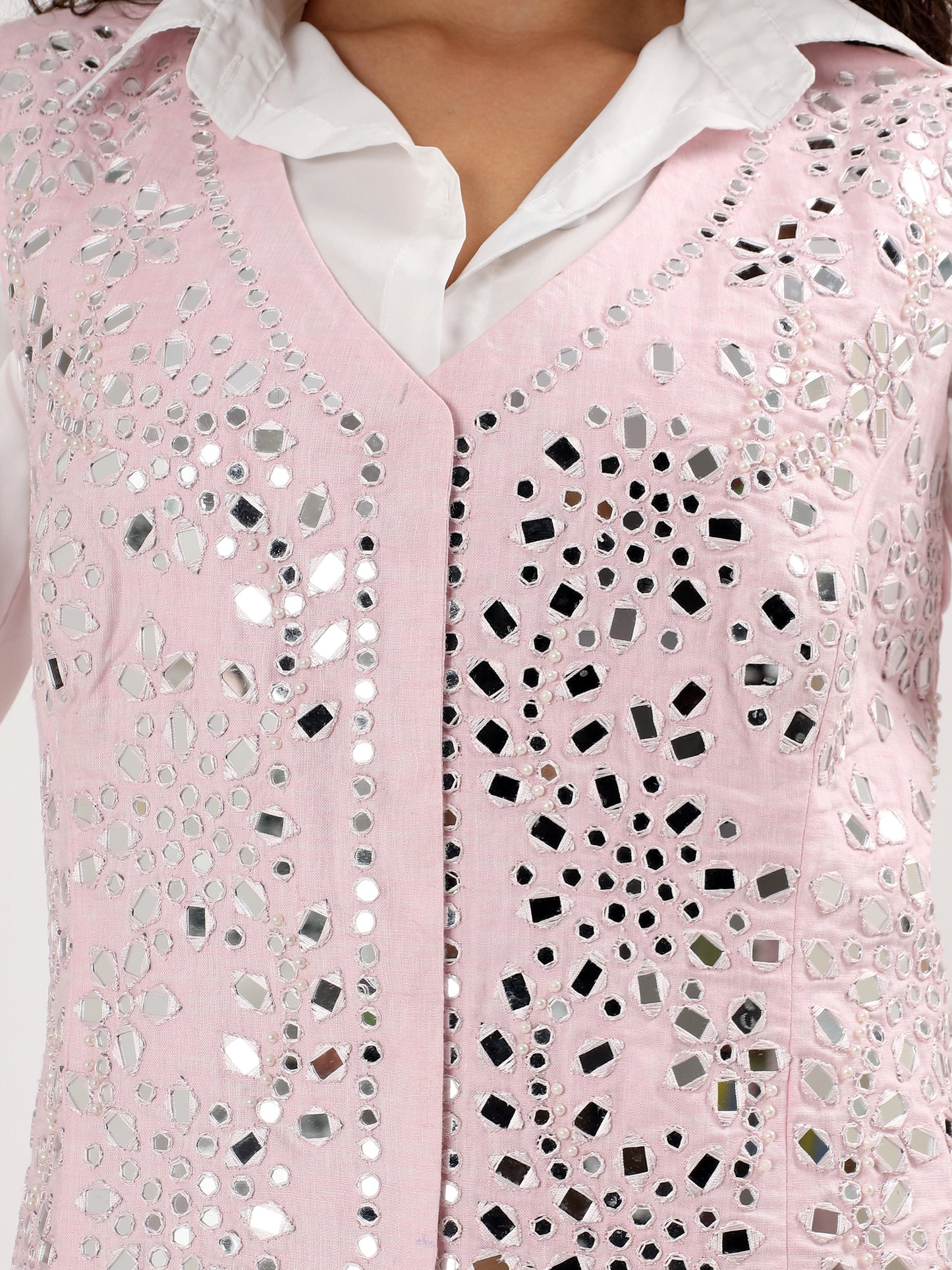 Blush Mirror-Work Pure Linen Waistcoat Set