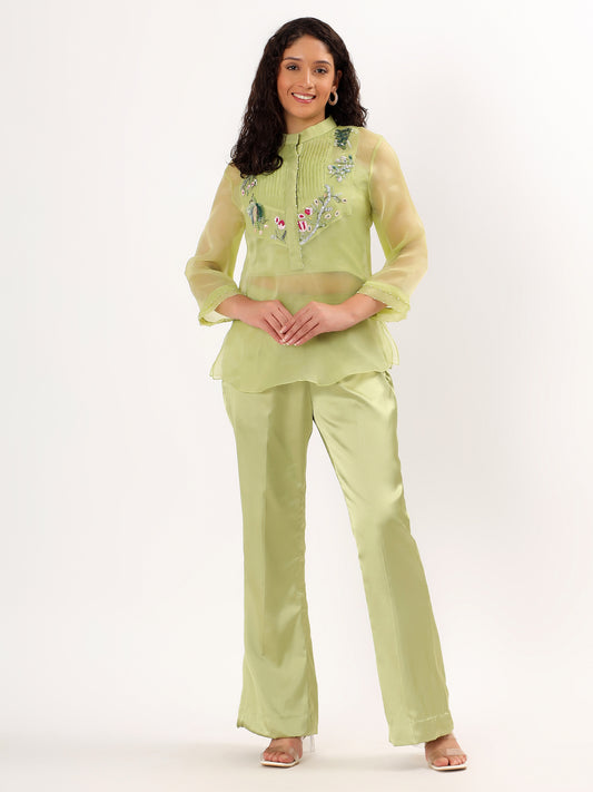 Pistachio Green Embroidered Top And Pant Set