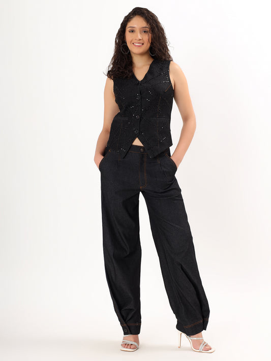 Black Denim Waistcoat & Balloon-Hem Pants Co-ord Set.