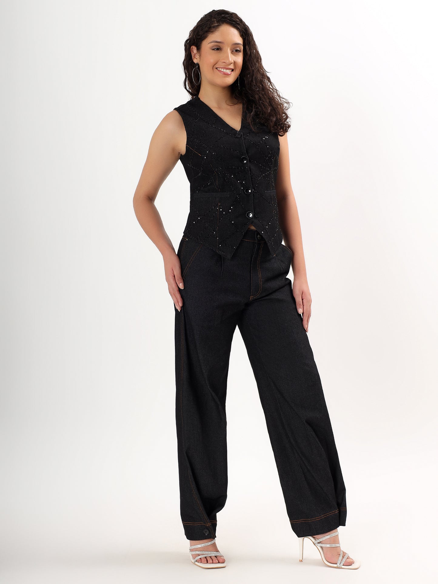 Black Denim Waistcoat & Balloon-Hem Pants Co-ord Set.