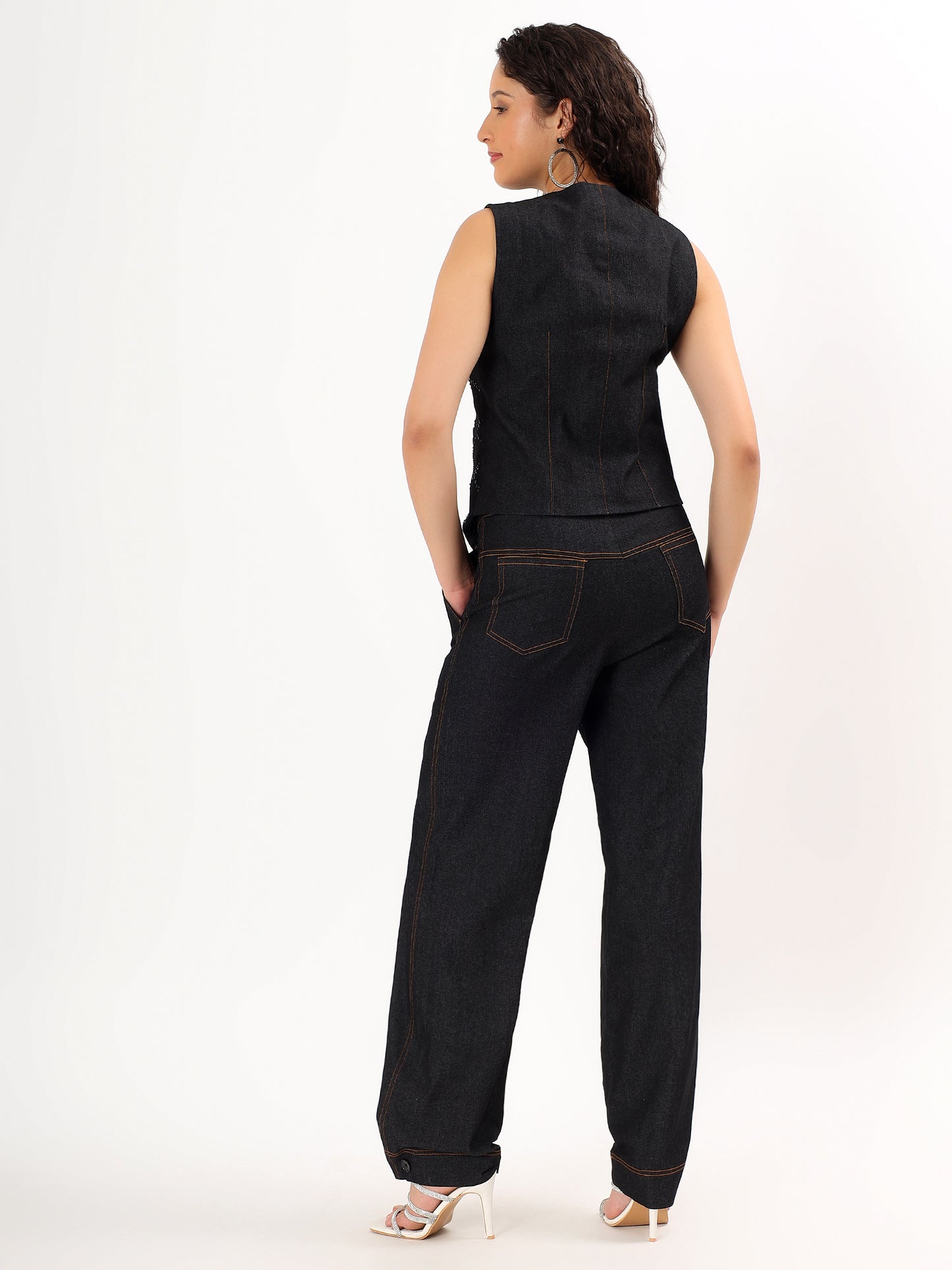 Black Denim Waistcoat & Balloon-Hem Pants Co-ord Set.