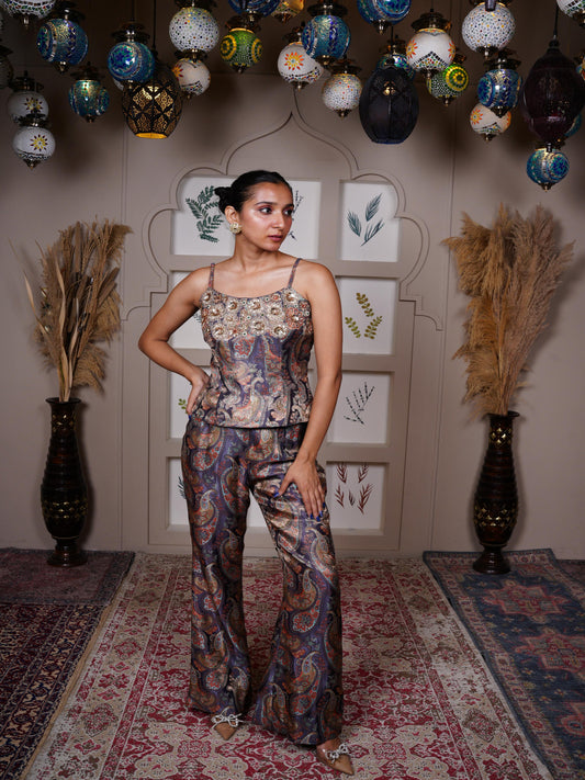 Embellished Paisley Brocade Corset Top with Bell-Bottom Pants Set