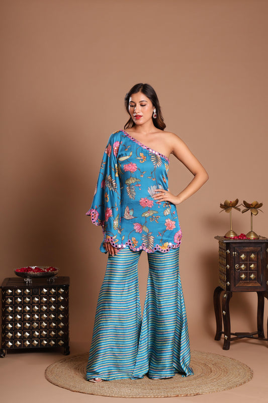 BLUE AZZURE BLOOM INDO-WESTERN SET