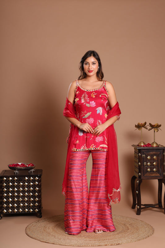 RED AZZURE BLOOM INDO-WESTERN SET