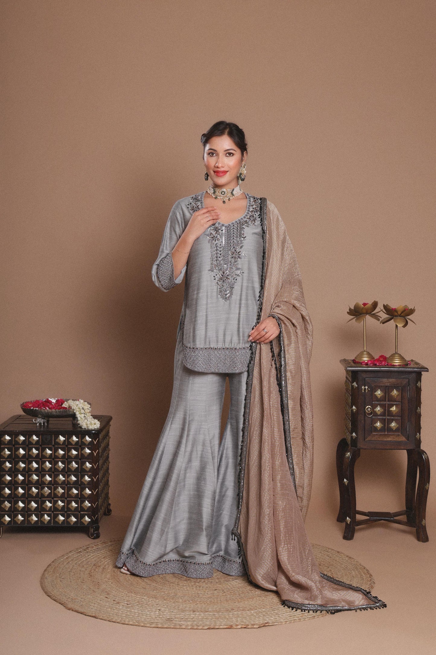GREY EMBROIDERED SHARARA SET