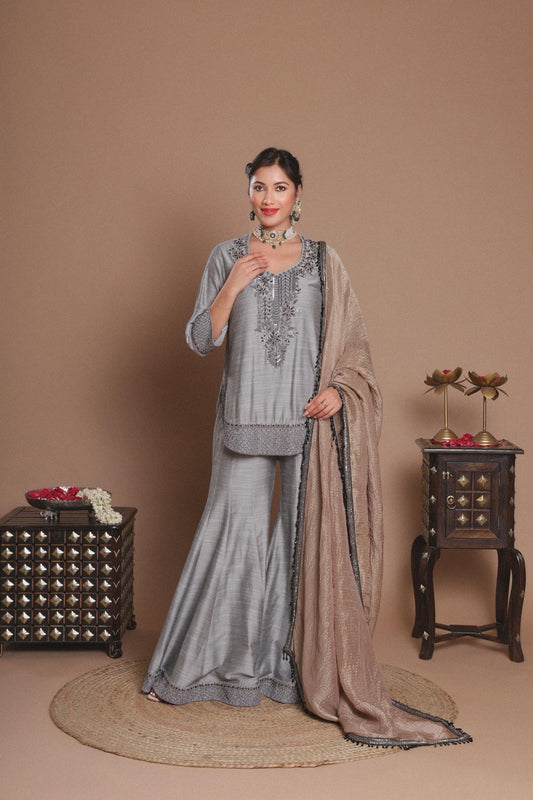 GREY EMBROIDERED SHARARA SET