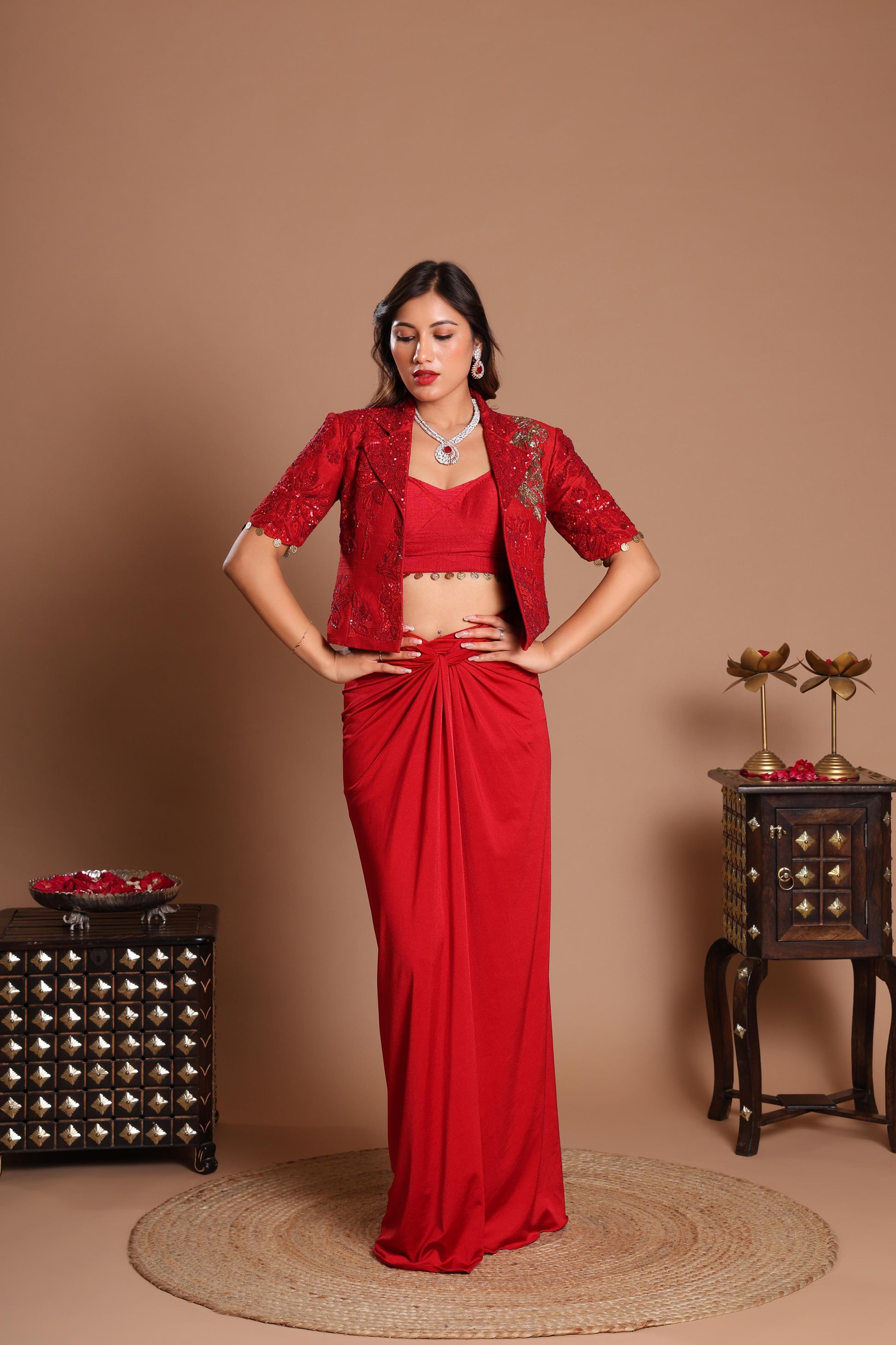 ROSE RED JACKET DRESS SET Parha ROSE RED JACKET DRESS SET Parha