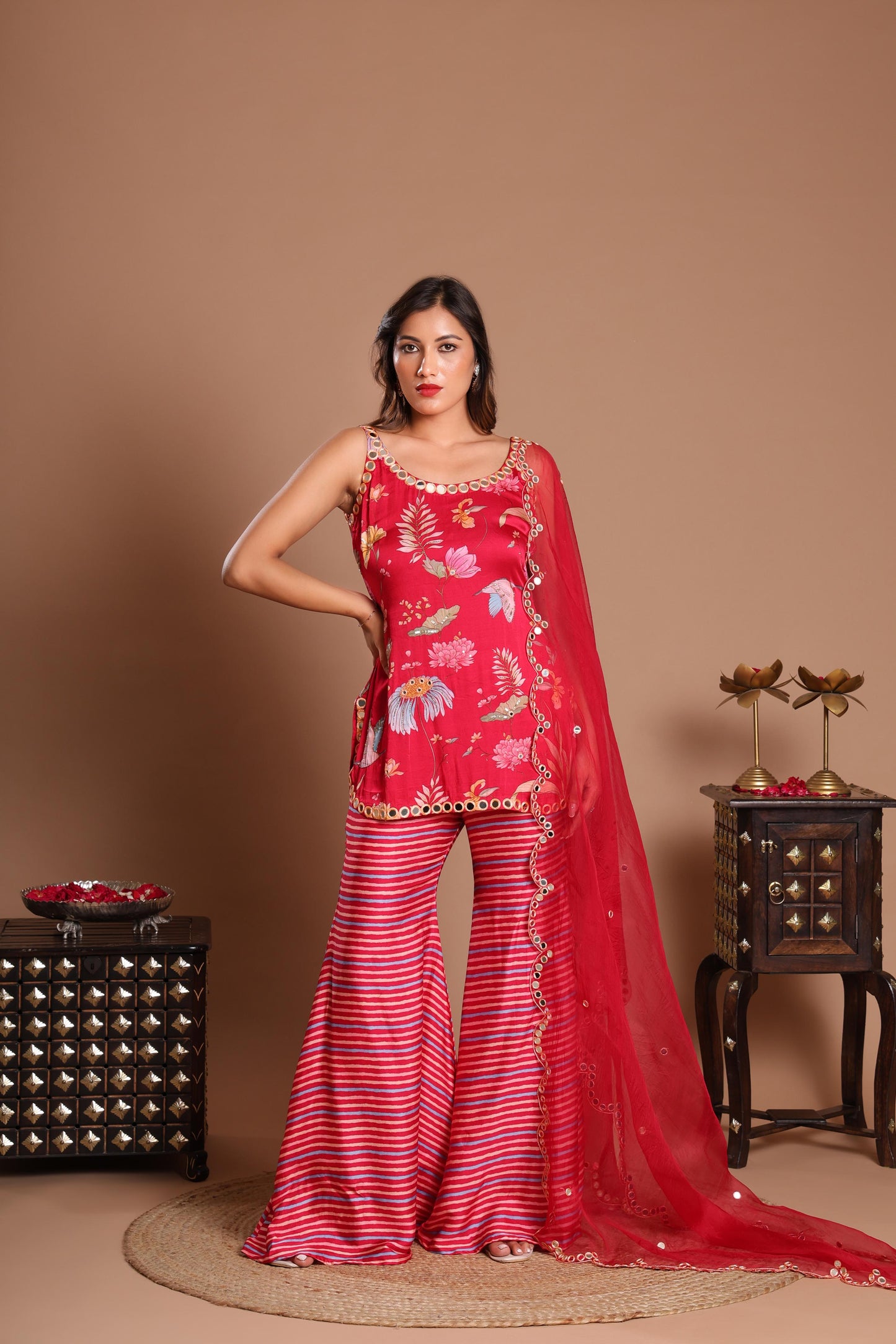RED AZZURE BLOOM INDO-WESTERN SET