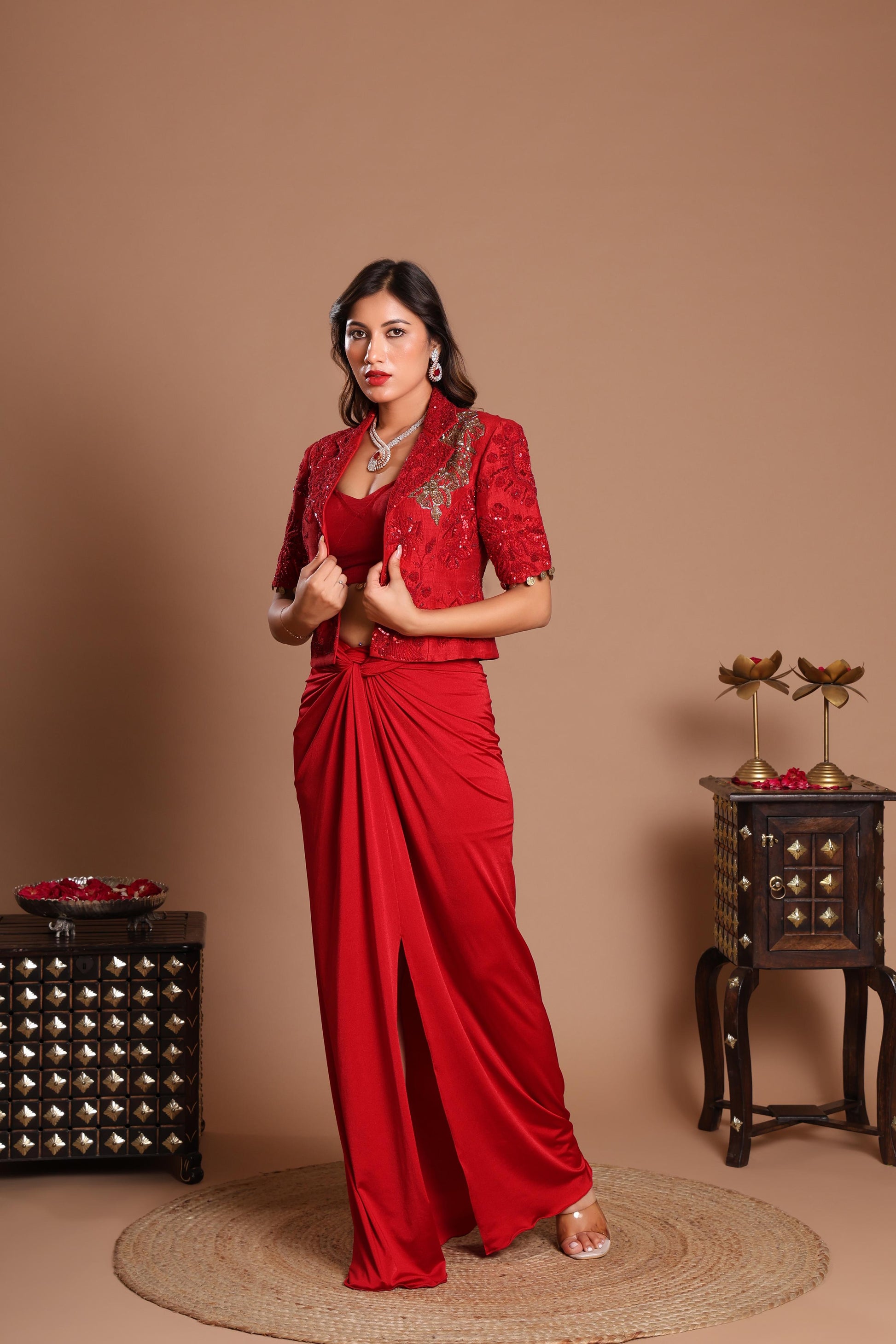 ROSE RED JACKET DRESS SET Parha ROSE RED JACKET DRESS SET Parha