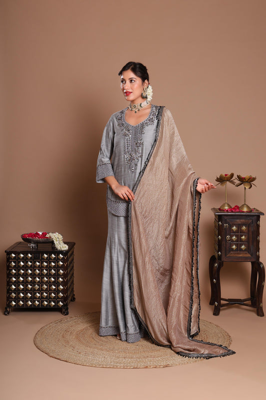 GREY EMBROIDERED SHARARA SET