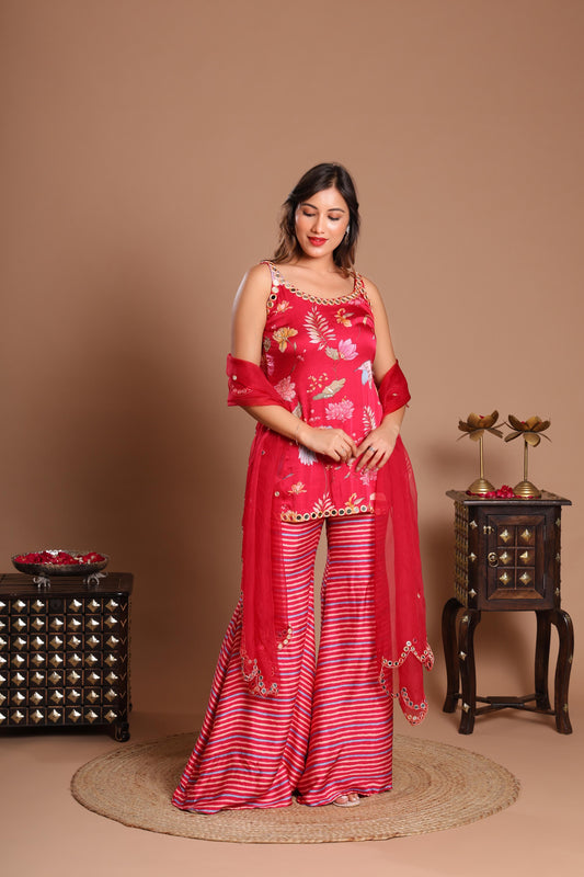 RED AZZURE BLOOM INDO-WESTERN SET